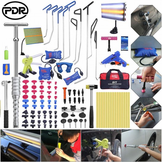 115 Paintless Dent Repair Puller Lifter PDR Tools Rods LED Light Hail Tail Set